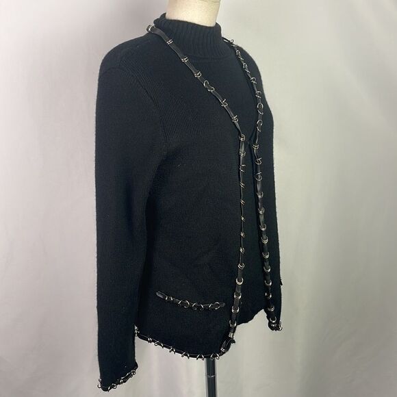 Talk Of The Walk Black Turtleneck Cardigan With Chain Trim Sweater Set - Picture 2 of 6